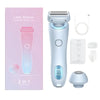 A light blue 2-in-1 electric shaver with a charging cable and replacement foil attachments is shown next to its packaging.