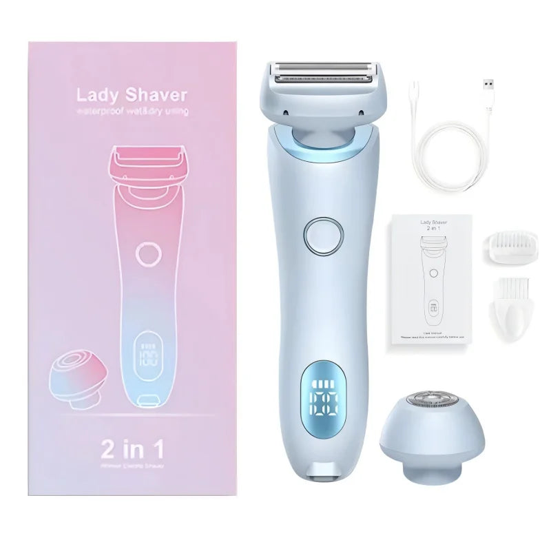A light blue lady shaver with a charging cable and replacement heads is shown next to its packaging.