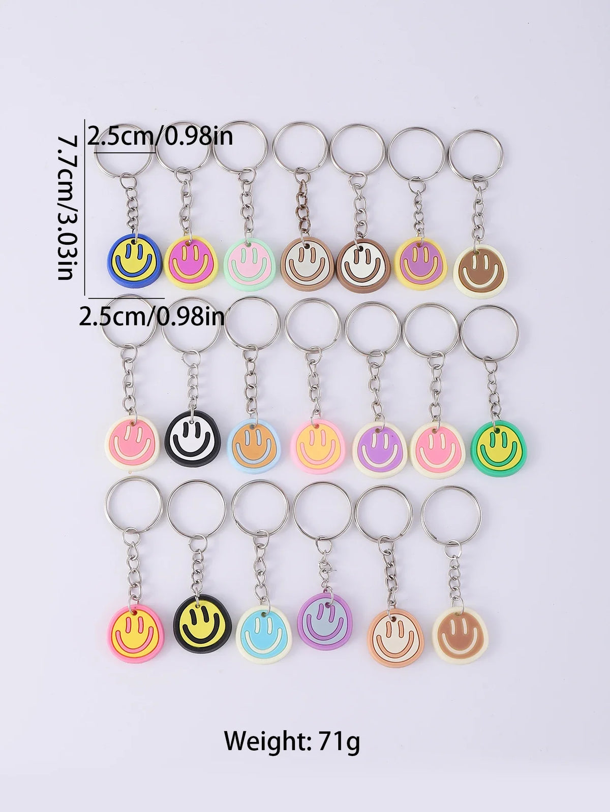 A set of 20 cartoon smile face keychains in various colors and styles displayed against a white background.
