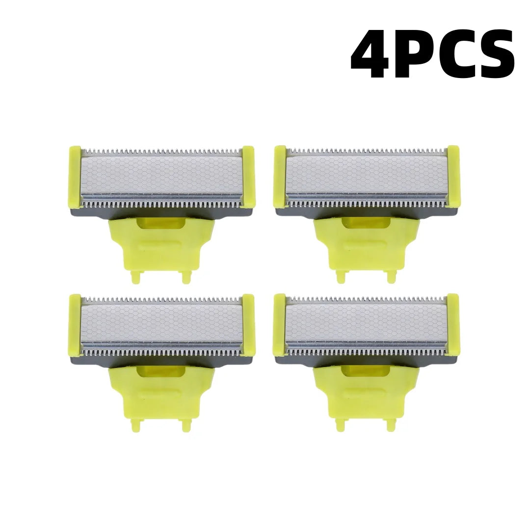 Four replacement electric shaver blades with silver and yellow plastic holders.
