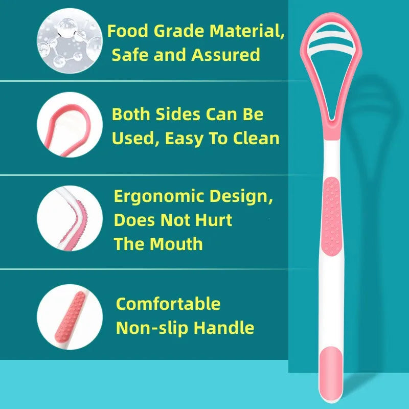 Nettoyeur de langue en silicone rose avec poignée antidérapante, mettant en avant son matériau de qualité alimentaire et son 