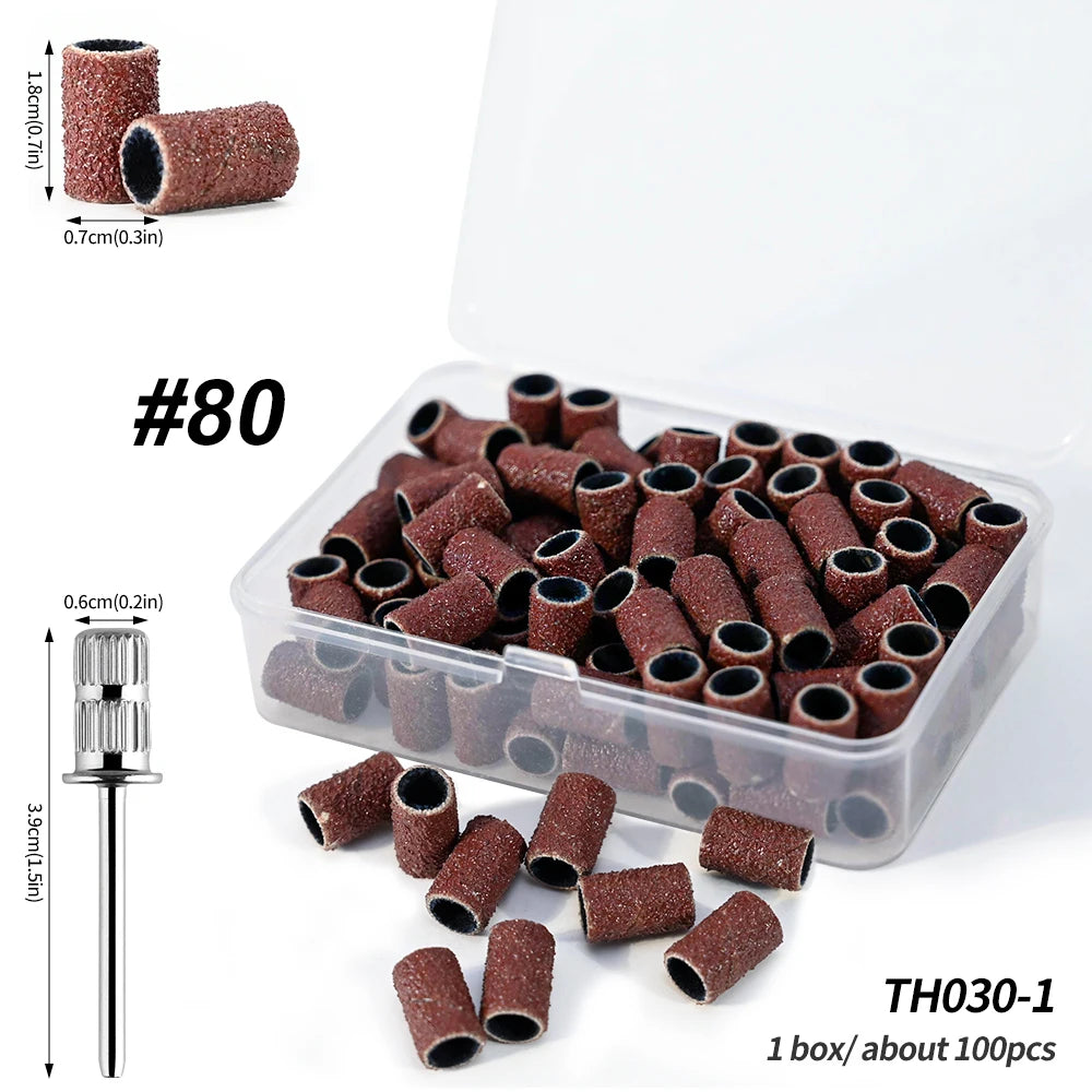 Boîte de bandes de ponçage à ongles jetables pour perceuses, montrant la taille et l'application du produit.