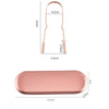 A long, slender tongue scraper made of stainless steel and copper for oral hygiene.
