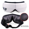 White portable eye massager with black padding and an elastic band free adjustment feature