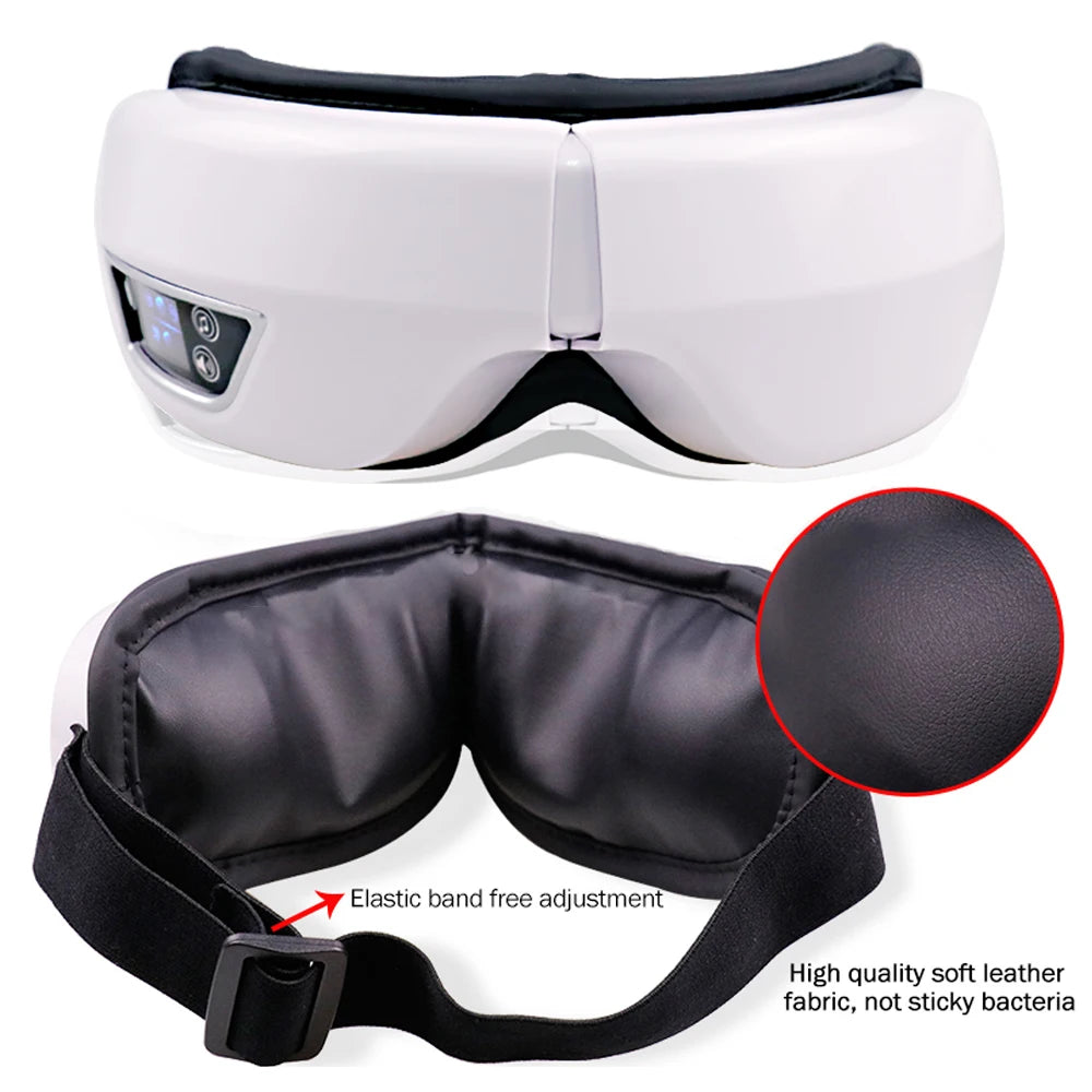 White portable eye massager with black padding and an elastic band free adjustment feature