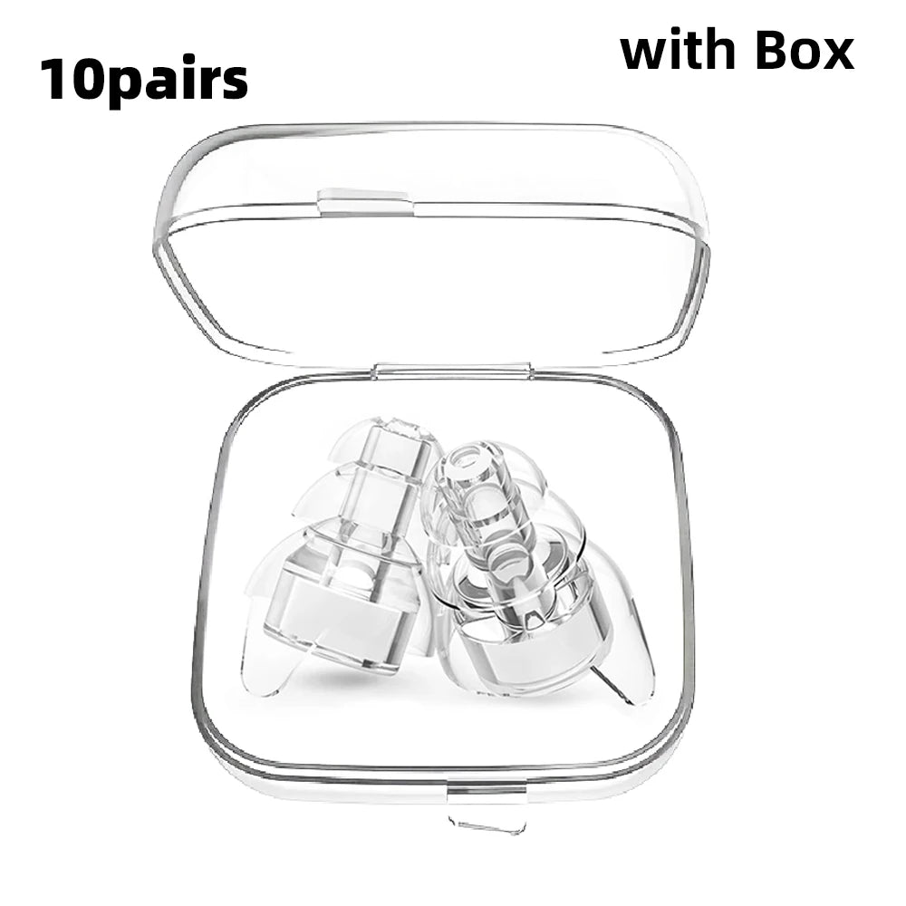A pair of high fidelity silicone earplugs with a clear storage box shown open.
