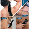A black electric body grooming shaver is shown being used on the back and chest of a person's arm.