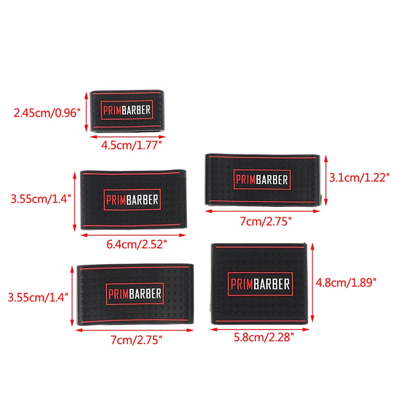 A set of black silicone anti-slip trimmer grips with various sizes and dimensions shown against a white background.