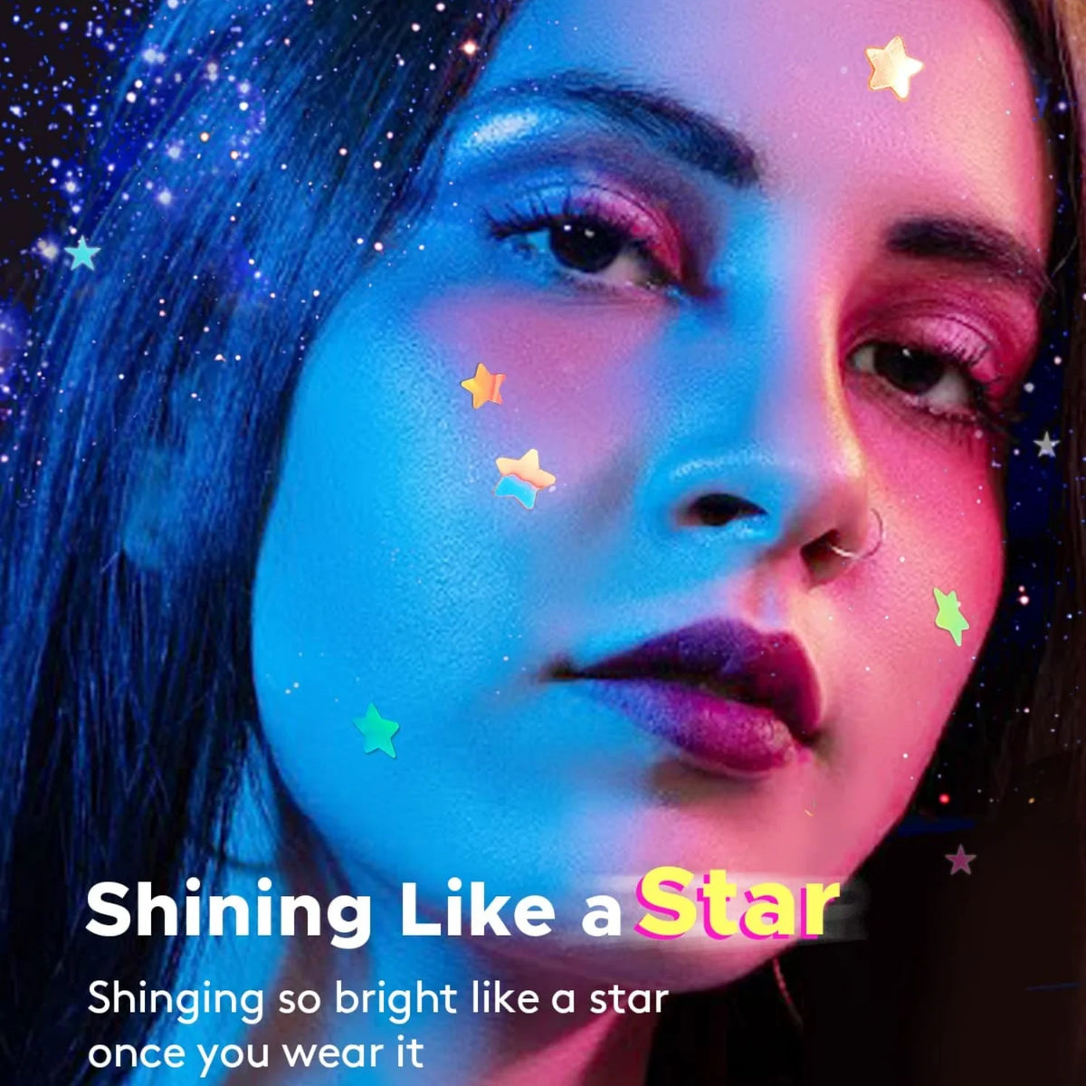 A close-up portrait of a woman with vibrant makeup and starry effects, promoting Shining Like a Star acne patches.