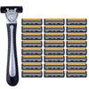 Stainless steel safety razor with replaceable triple-blade head shown in a grid layout.