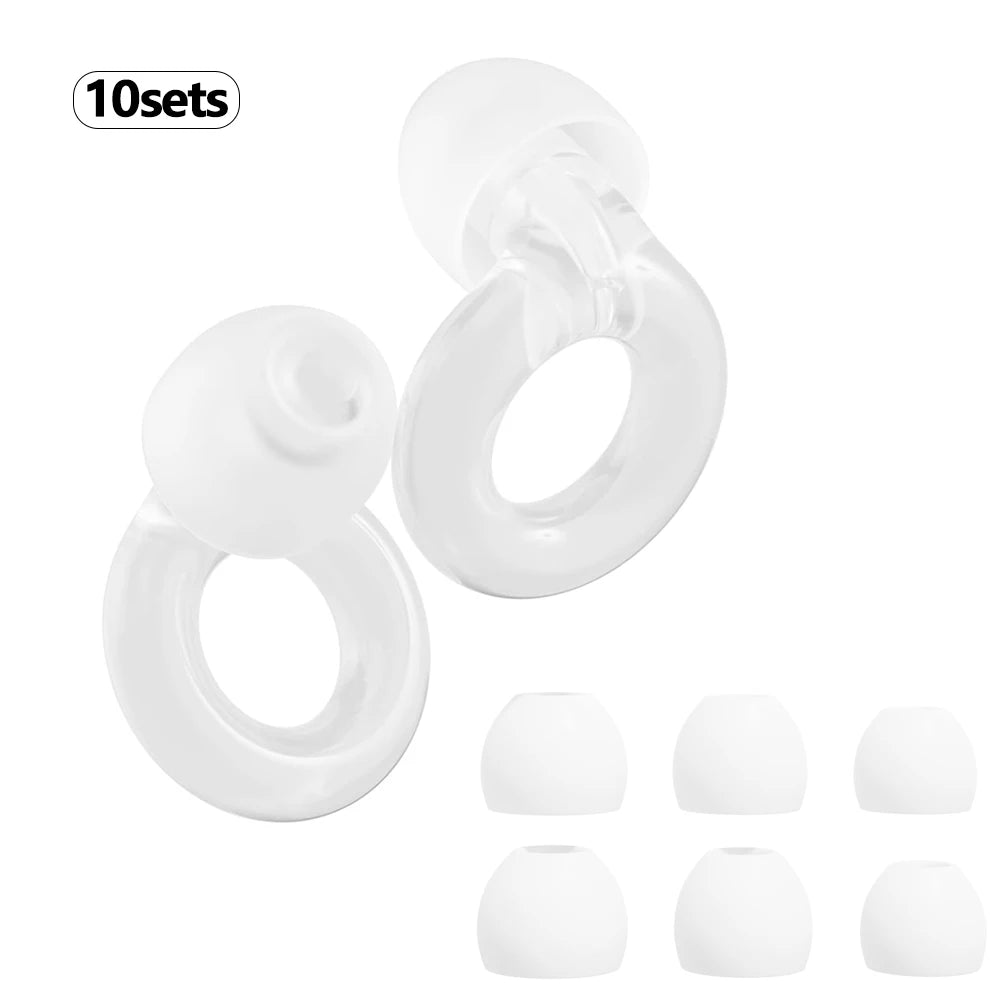 A set of ten white silicone ear plugs for noise reduction, shown in various shapes.