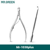 A pair of Mr-1038plus precision stainless steel cuticle nippers shown against a white background.