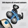 A close-up view of a black shaver head with multiple rotating blades, demonstrating 360-degree contouring technology.