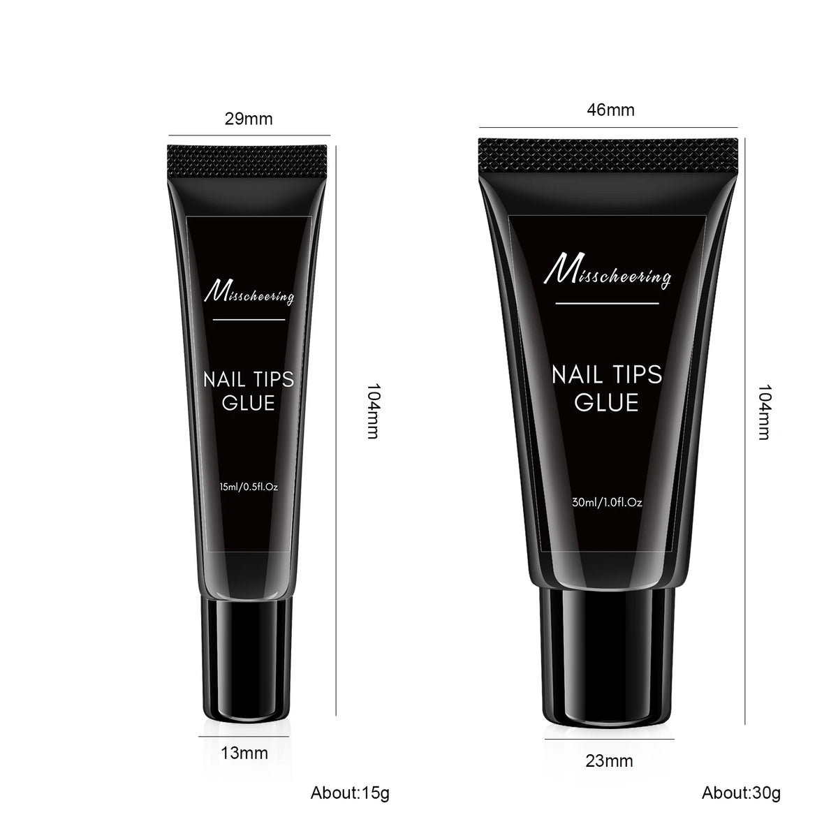 A black tube of nail glue with a black applicator, shown from the side and top view.