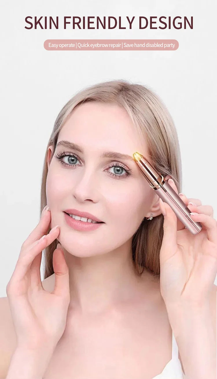 A woman is using a pink electric eyebrow trimmer on her eyebrow.