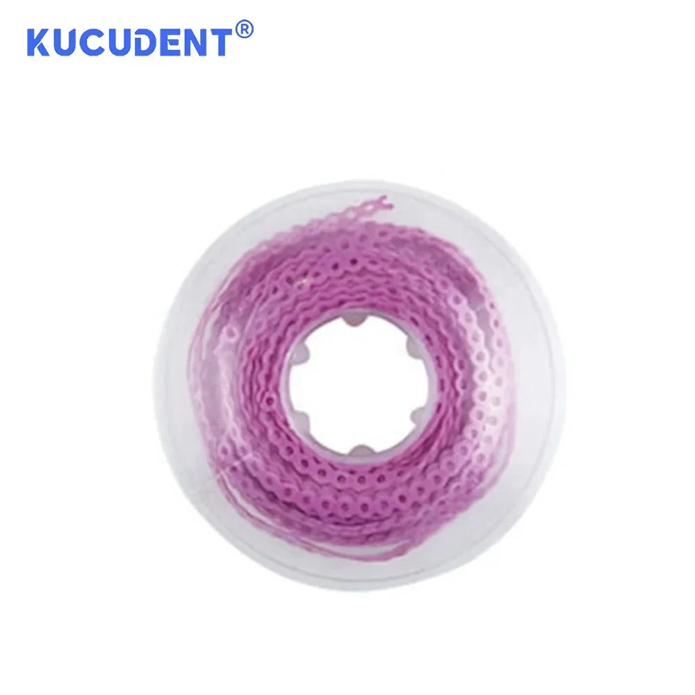 A spool of purple dental orthodontic power chain elastic rubber band.