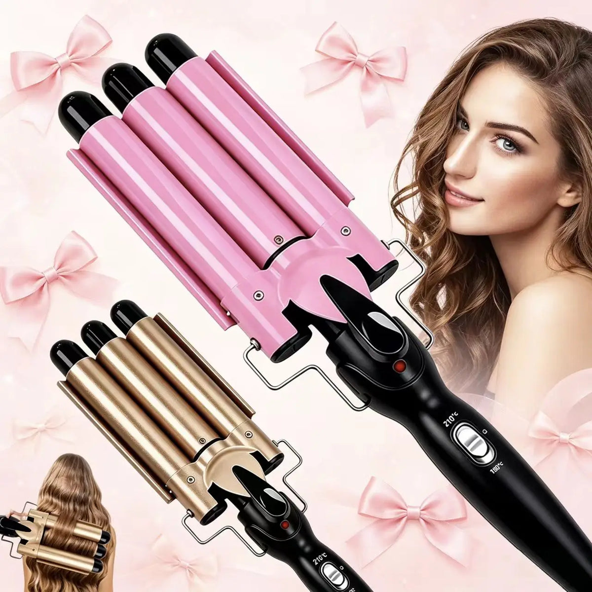 Un rizador de cabello de triple barril de cerámica rosa junto al cabello de una modelo.