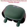 A green neck and shoulder massager device with brown straps shown for deep tissue shiatsu massage.