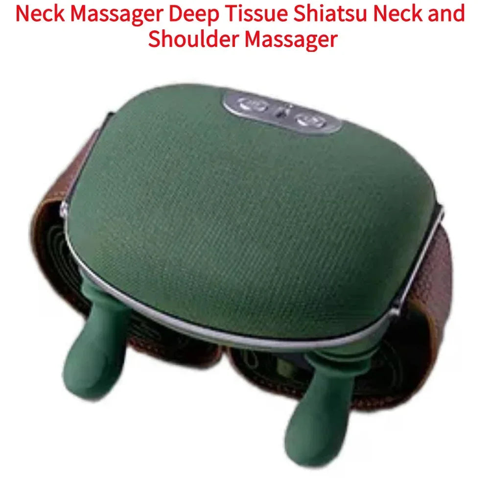 A green neck and shoulder massager device with brown straps shown for deep tissue shiatsu massage.