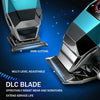 Close-up view of a professional electric hair trimmer blade with multi-level adjustment and DLC blade technology.