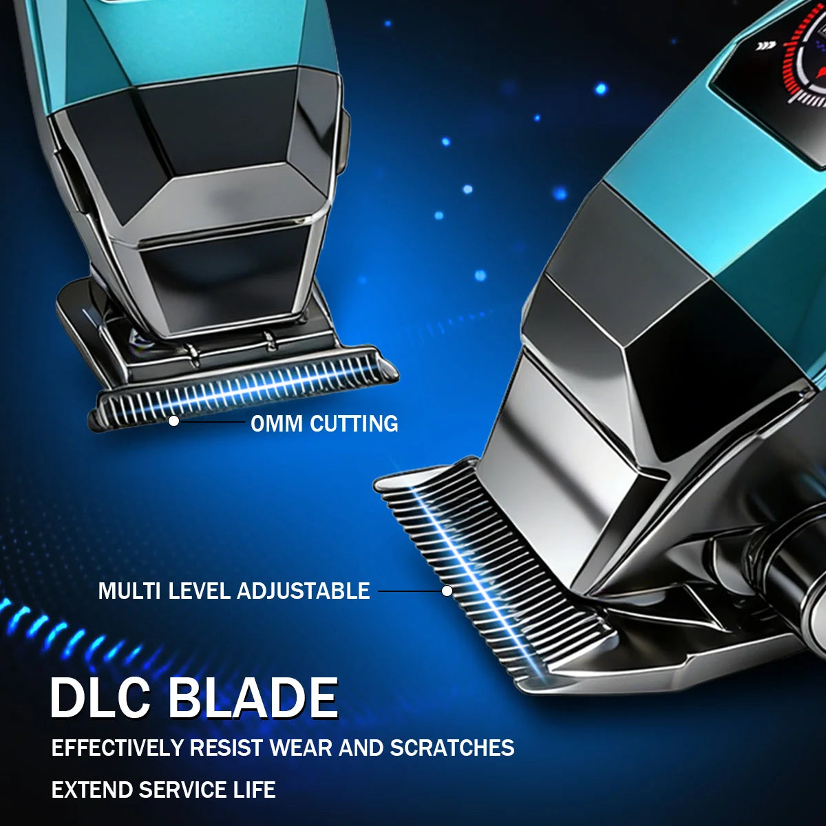 Close-up view of a professional electric hair trimmer blade with multi-level adjustment and DLC blade technology.