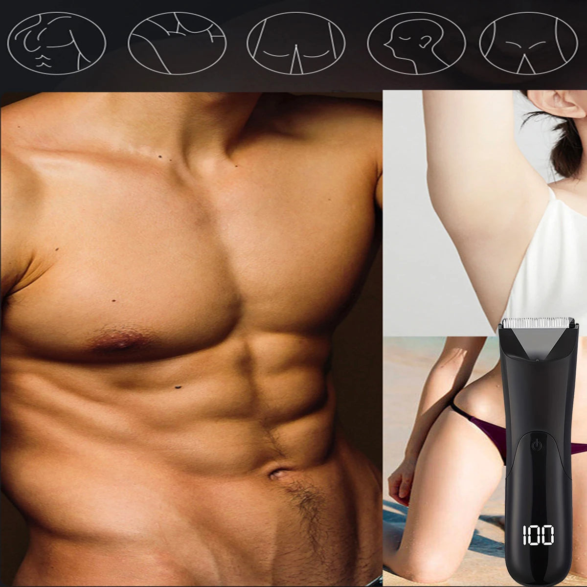 A close-up of a black multi-purpose body hair trimmer being used on the arm and torso.