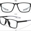 Un par de gafas de lectura fotocromáticas negras, mostradas desde el frente y en un ángulo de 45 grados.