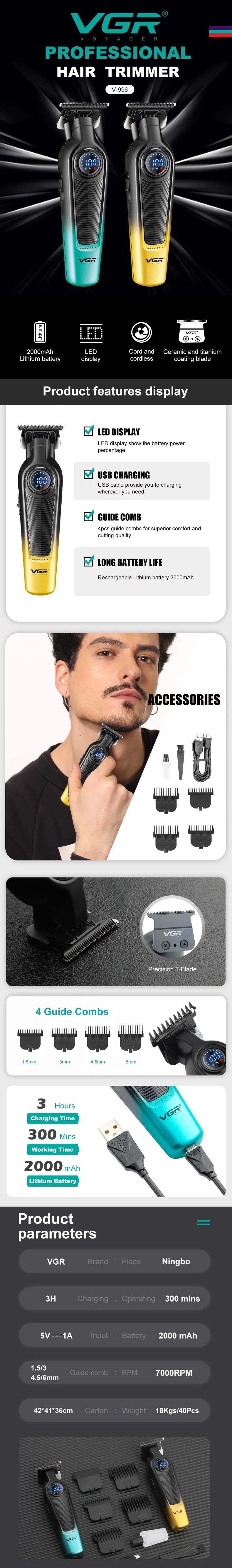 A VGR professional cordless hair trimmer shown with various accessories and components.