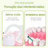 A dual-purpose dental floss and interdental brush shown cleaning tooth seams and removing large residue from teeth.