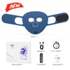 A blue facial mask with ear loops and a silicone nose piece, shown alongside its adapter, controller, and instructions.