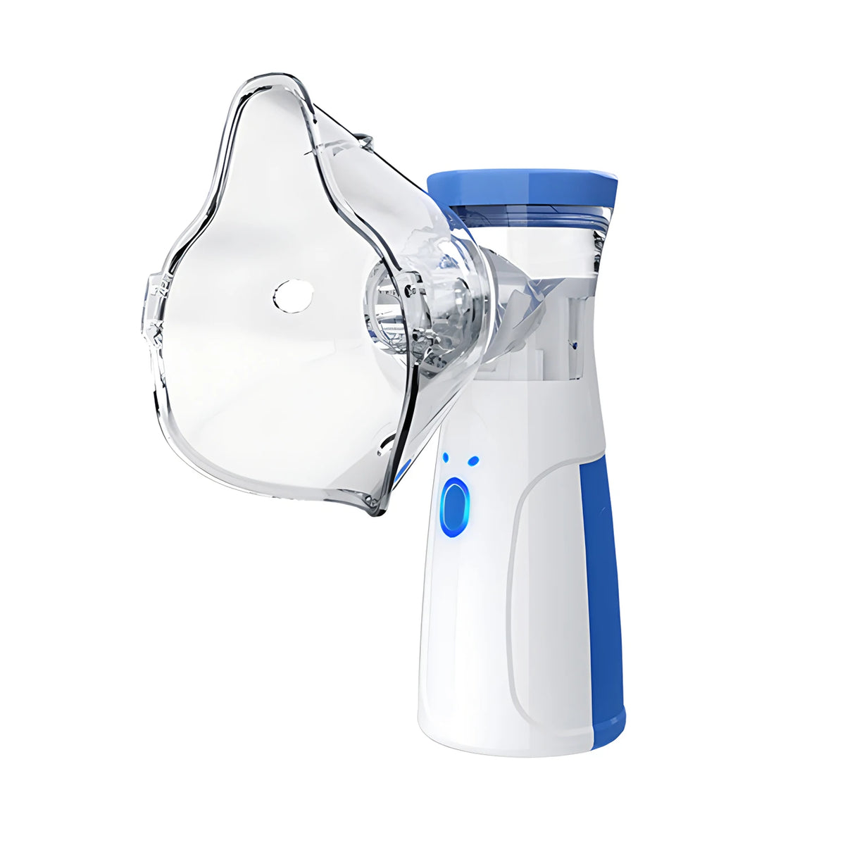 A white and blue portable silent mesh nebulizer device with a clear mask component.