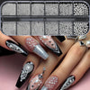 A hand displays intricate nail art decorations made of gold mixed stainless steel beads in various patterns and finishes.