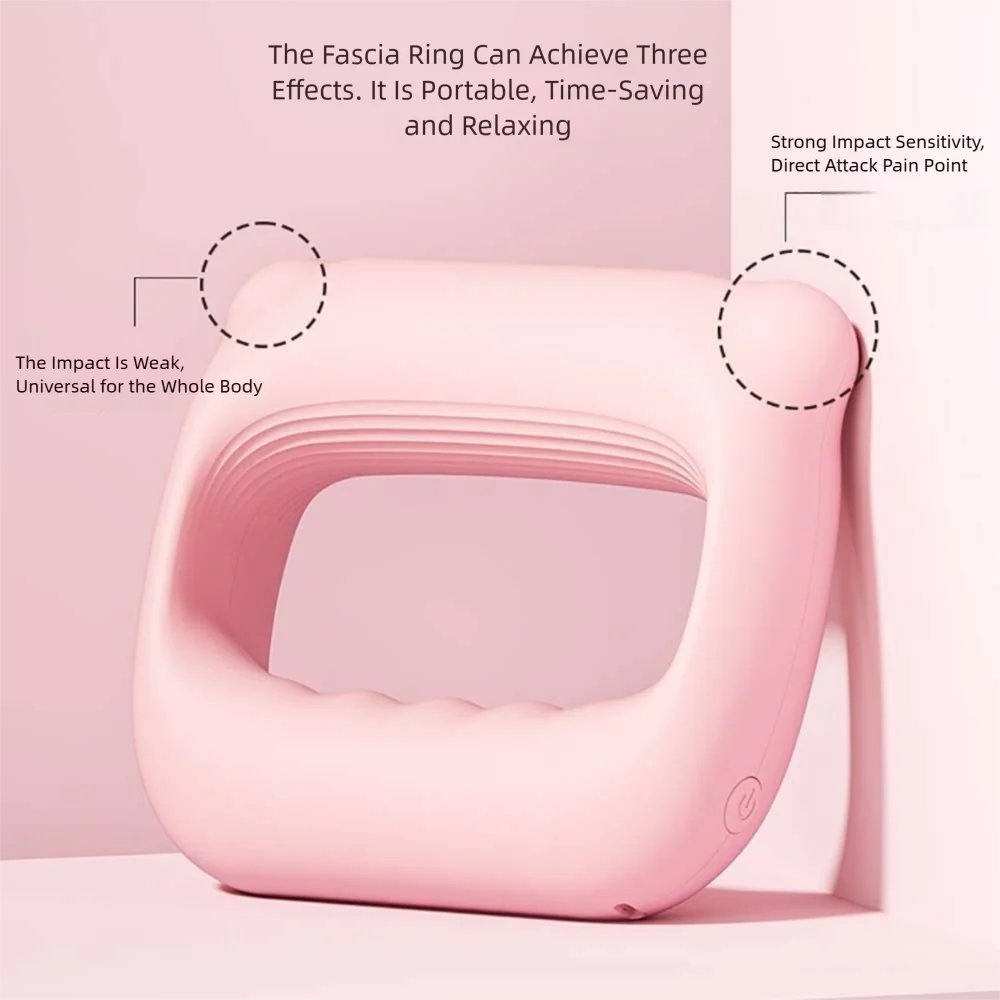 A pink portable electric fascia ring massager is shown, highlighting its features for therapeutic massage.