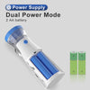 A white and blue dual power mode facial steamer and humidifier device with two AA batteries shown from the side.