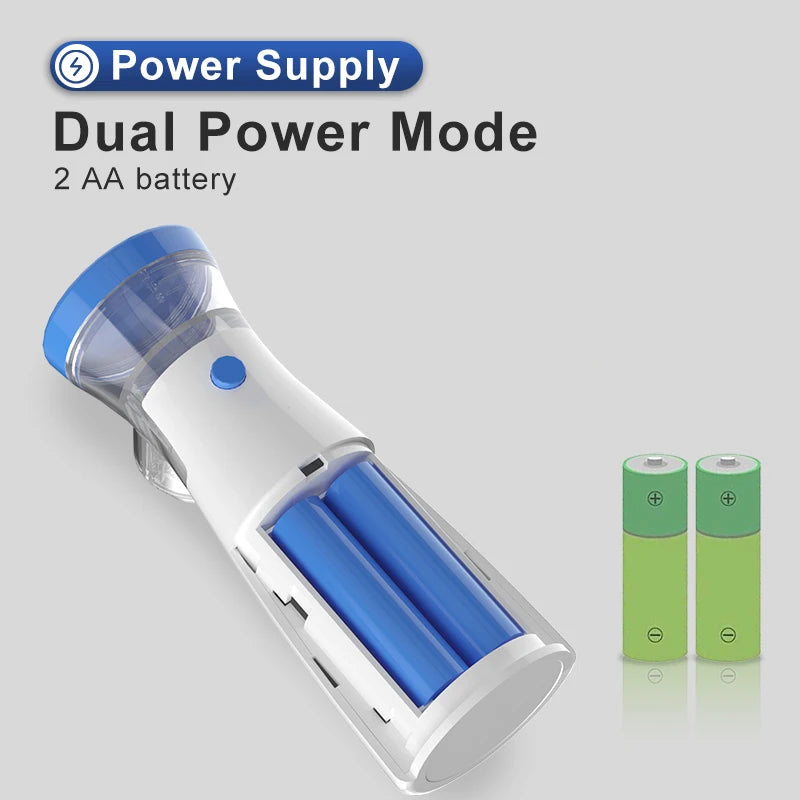 A white and blue dual power mode facial steamer and humidifier device with two AA batteries shown from the side.