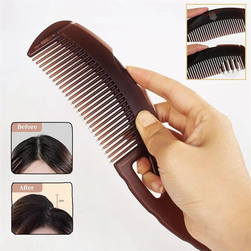 A hand is using a brown self-cleaning comb with scalp massage to style hair, showing before and after results.