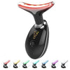 A black multi-mode LED facial and neck lifting massager with a red accent top and various interchangeable heads.