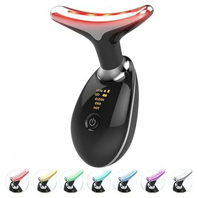 A black multi-mode LED facial and neck lifting massager with a red accent top and various interchangeable heads.
