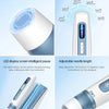 A white and blue professional EMS microneedling pen device shown with various features like 4-pole release, 6-speed penetrati