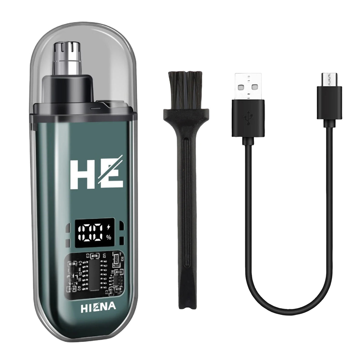 A professional cordless hair clipper set featuring a main unit, a brush attachment, and a charging cable.