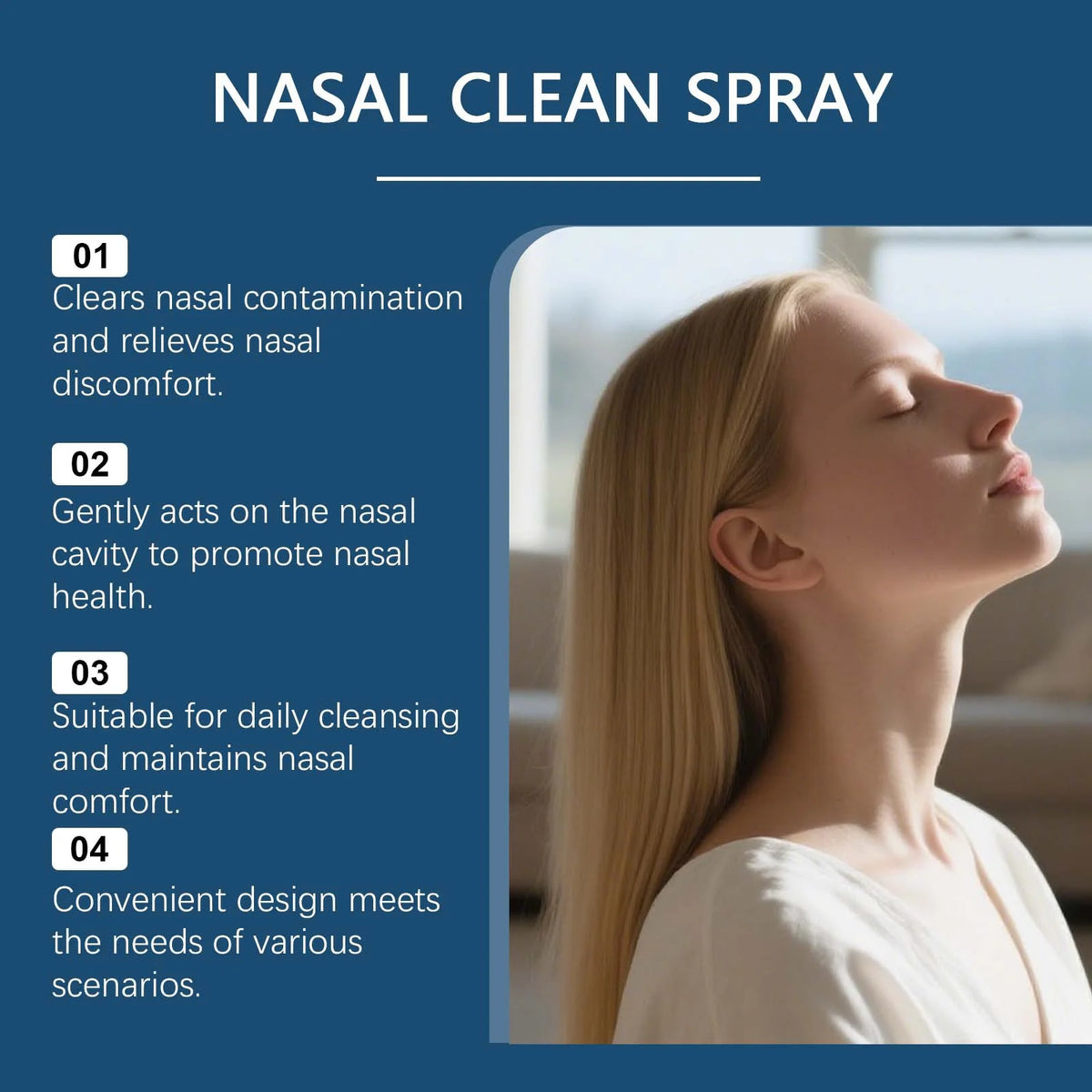 A woman is shown inhaling a nasal spray, demonstrating its use for congestion relief.
