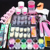 A collection of acrylic nail tools and 12 glitter powders displayed in an open kit box.