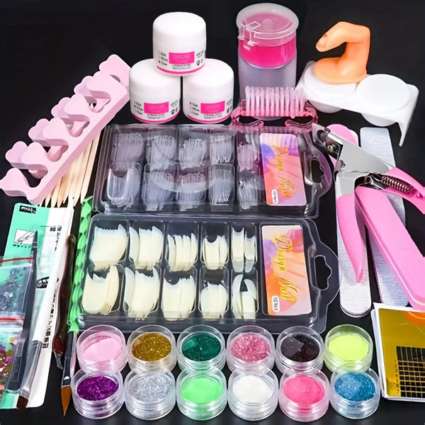 A collection of acrylic nail tools and 12 glitter powders displayed in an open kit box.