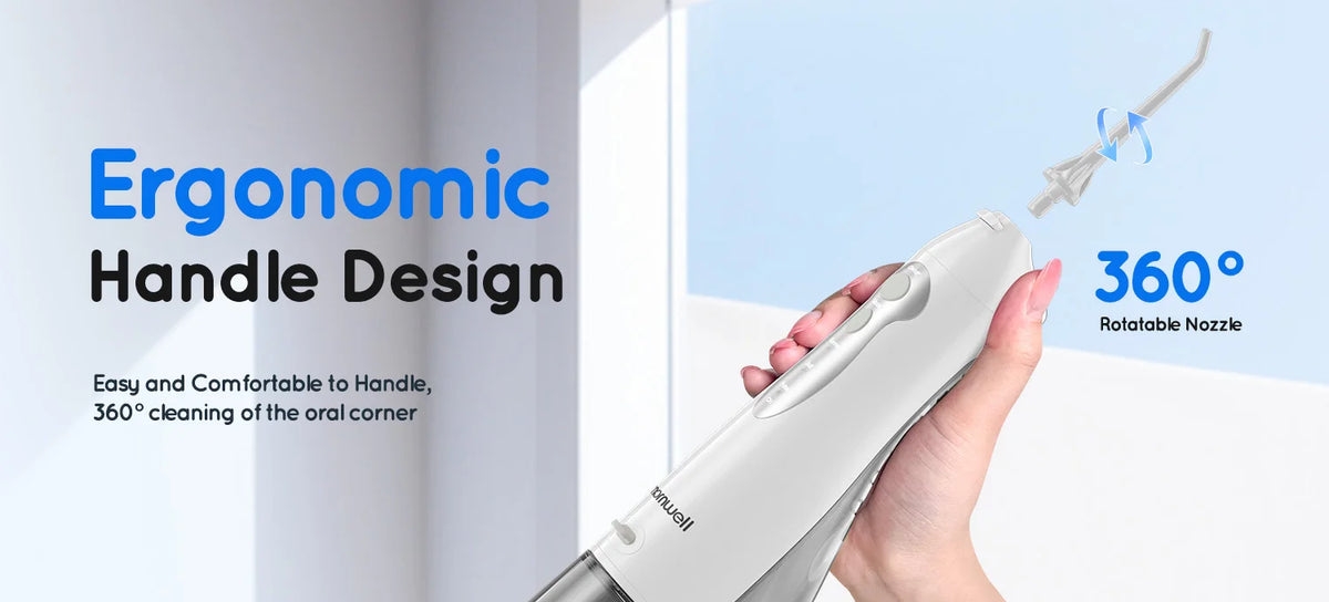 A hand holds a white water flosser with an ergonomic handle design, demonstrating its 360 degree rotatable nozzle for cleanin