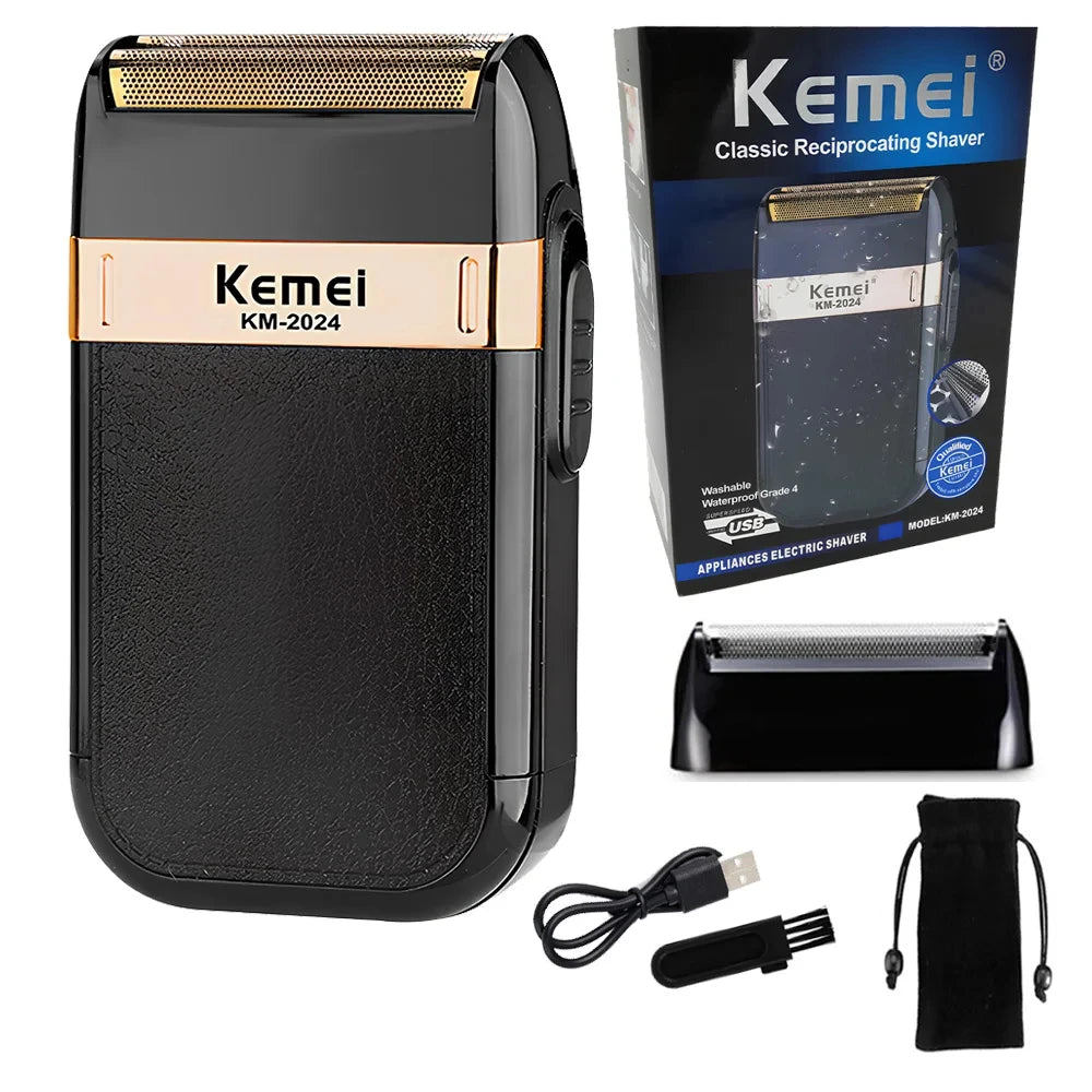 A black Kemei KM-2024 electric shaver with accessories shown on a white background.