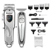 A set of Kemei professional rechargeable electric hair clippers and accessories including blades and a cleaning tray.