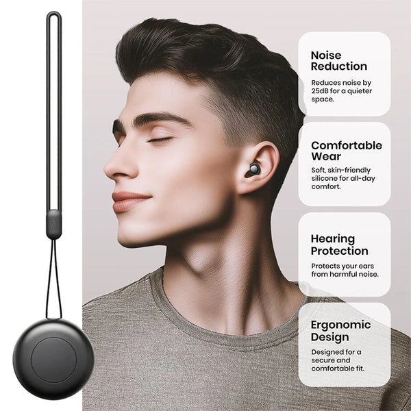 A man wearing a reusable silicone ear plug, demonstrating noise reduction and comfortable fit.