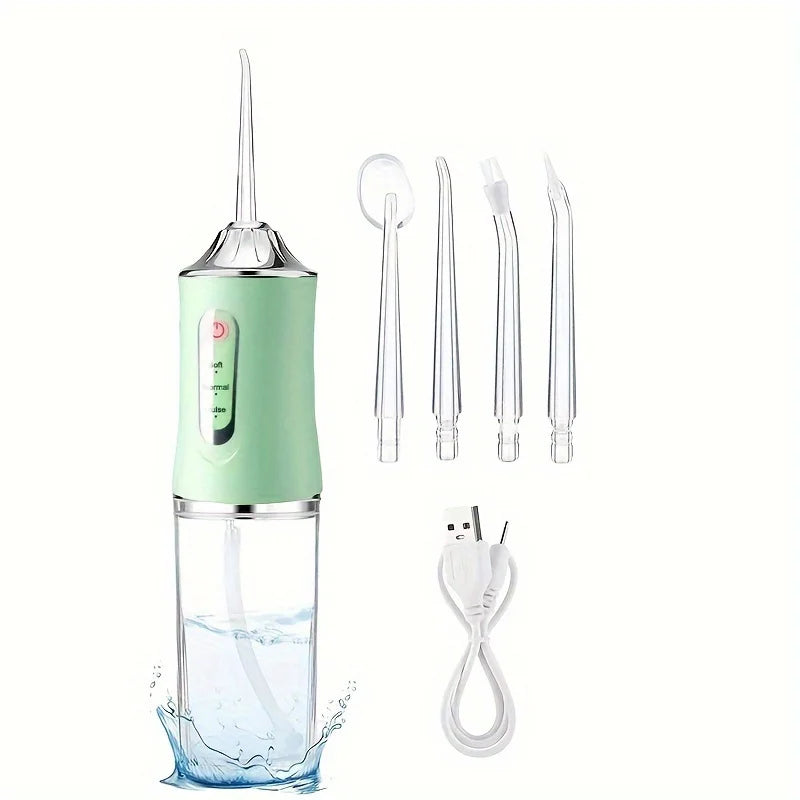 A green rechargeable oral irrigator water flosser with multiple tips and a flexible silicone tube shown next to water.