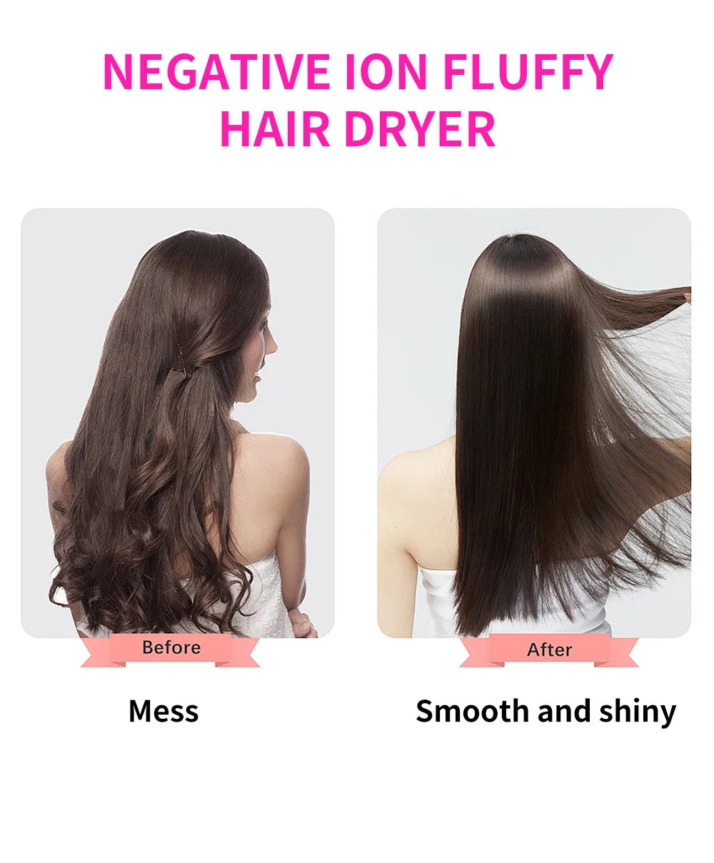 Before and after comparison showing hair smoothing with a negative ion fluffy hair dryer
