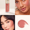 A cosmetic product featuring a pink liquid blush stick and close-ups of models applying the makeup.